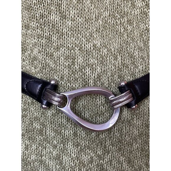 Chico's Size SM Black Slider Adjustable Leather Belt with Oval Silvertone Buckle - Picture 2 of 16